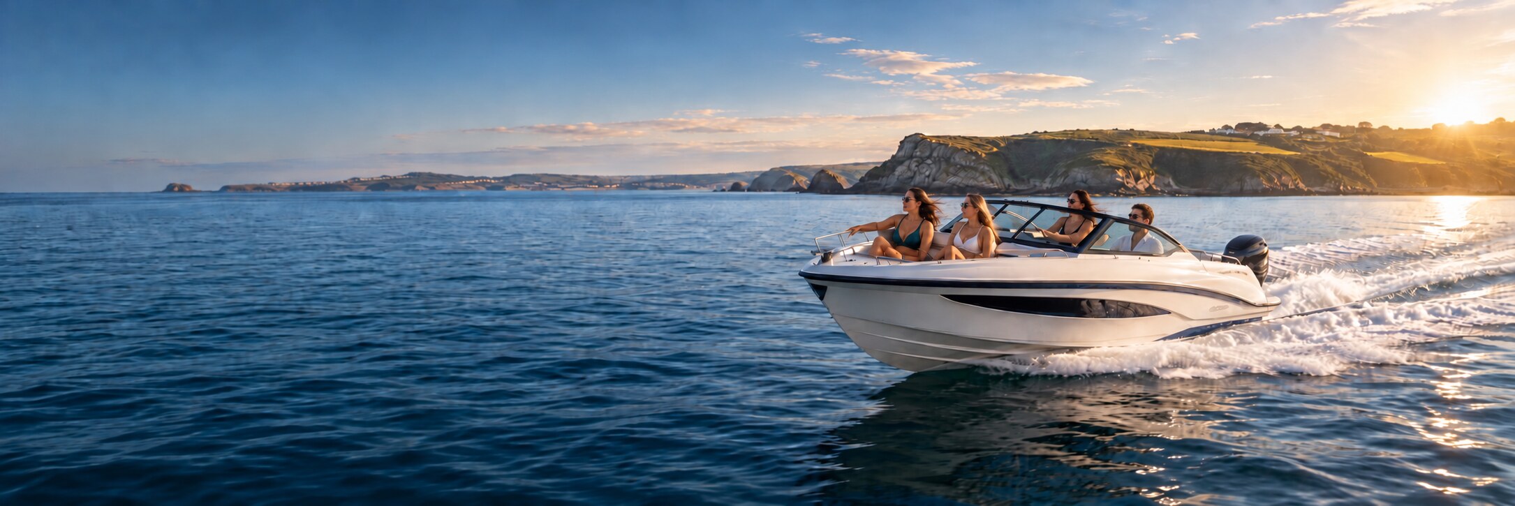 Friends enjoying a sports boat on the Devon coast